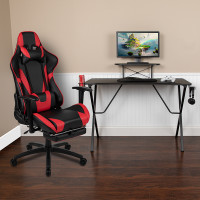 Flash Furniture BLN-X30RSG1031-RD-GG Black Gaming Desk and Red/Black Footrest Reclining Gaming Chair Set with Cup Holder, Headphone Hook, & Monitor/Smartphone Stand